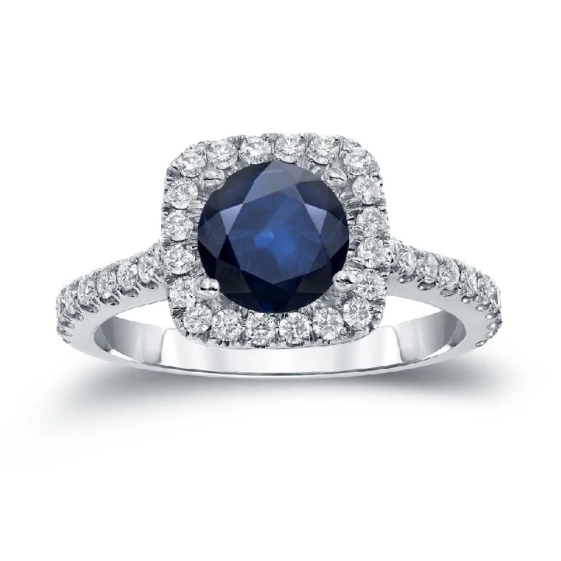 boho style ring for women -Auriya 14k Gold 1ct Blue Sapphire Halo Diamond Engagement Ring 2/5cttw