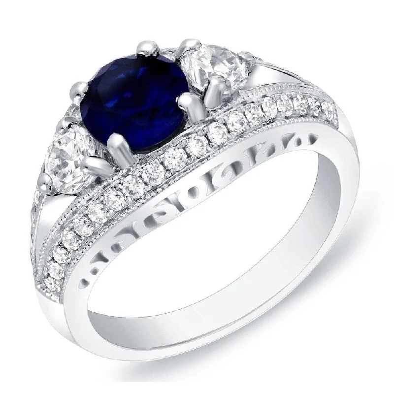 minimalist silver band ring -Auriya 14k Gold 1ct Vintage Sapphire 3-Stone Diamond Engagement Ring 1/2ctw Split-Shank