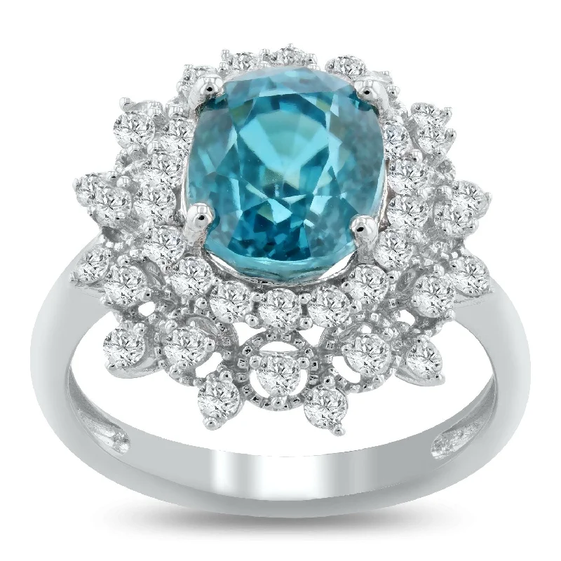 modern geometric ring -Auriya 14k White Gold 5 5/8ct Oval-Cut Blue Zircon and 3/4ctw Halo Diamond Engagement Ring