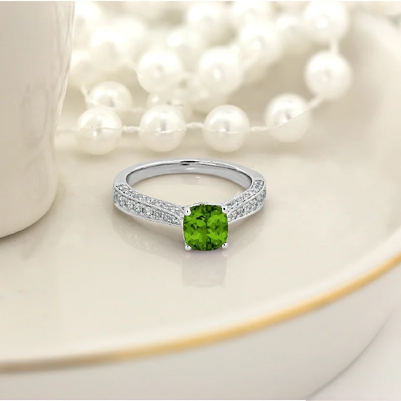 silver and gold stacking rings -Auriya 1ct Unique Cushion-cut Peridot and Diamond Engagement Ring 3/8ctw 14k Gold