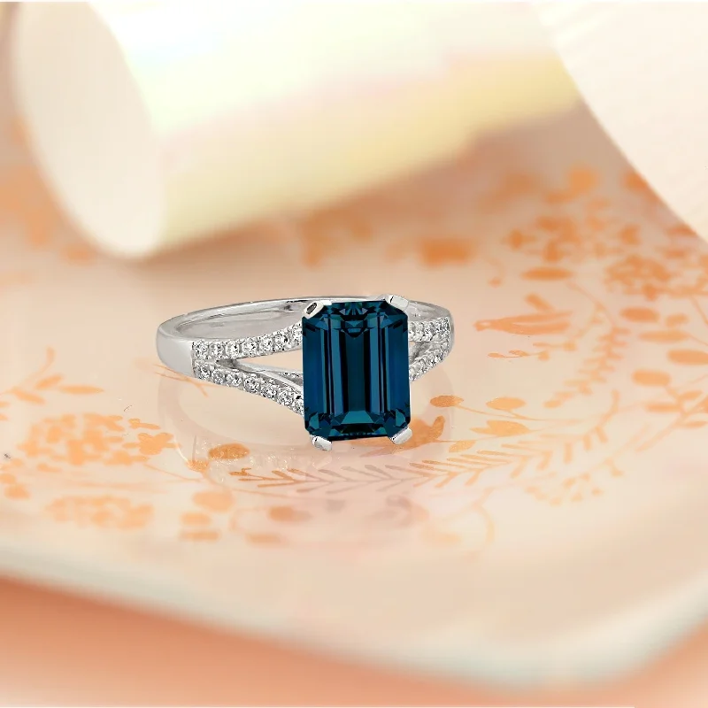 stacking rings with diamonds -Auriya 2 1/8ct Fancy Emerald-cut London Blue Topaz and Diamond Engagement Ring 1/4ctw 14k Gold