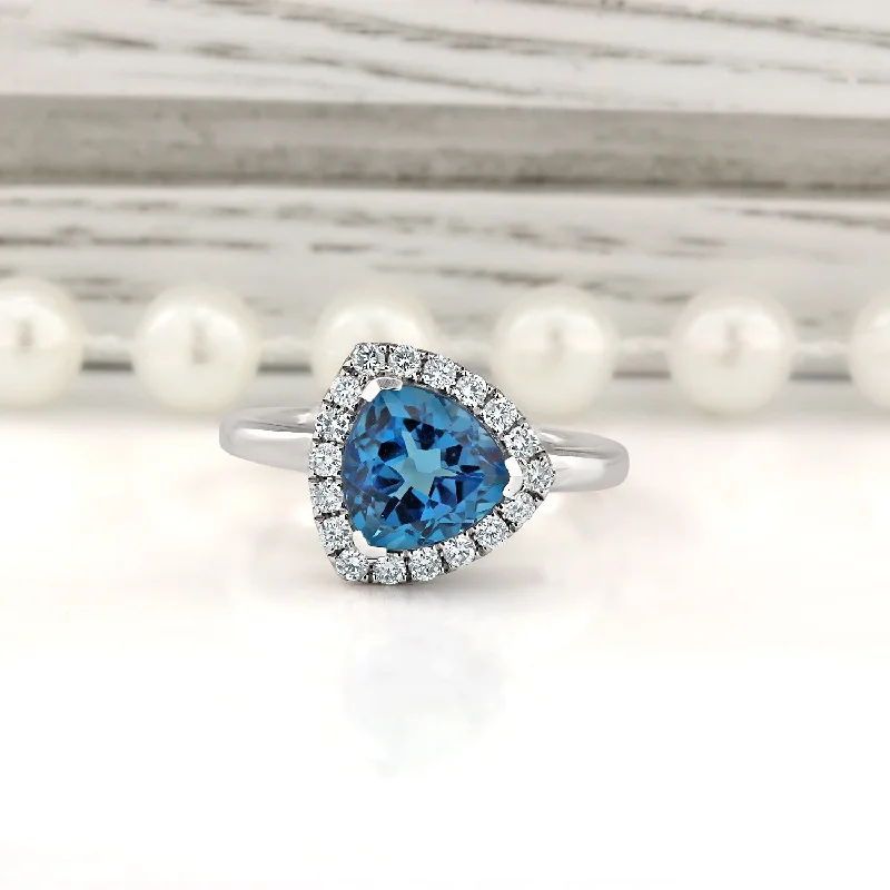 pearl accent ring -Auriya 2 1/8ct Trillion-cut Swiss Blue Topaz 1/4cttw Halo Diamond Engagement Ring 14k Gold