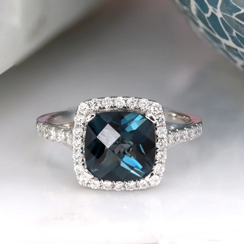 pearl and diamond ring -Auriya 2 3/4ct Cushion-cut London Blue Topaz and Halo Diamond Engagement Ring 1/2cttw 14k Gold