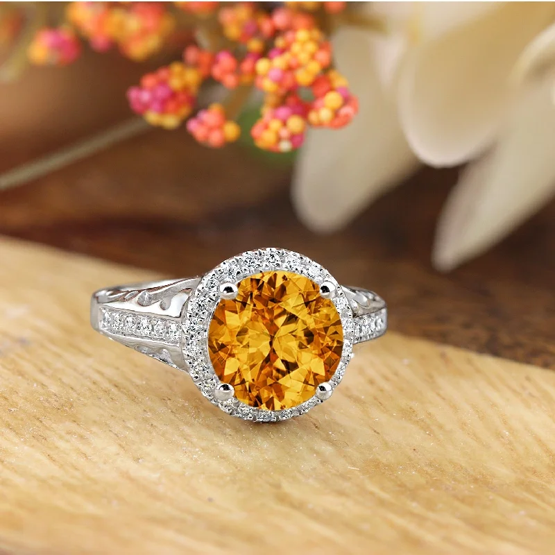 art deco style ring -Auriya 2 5/8ct Fancy Round Citrine and Halo Diamond Engagement Ring 1/5ctw 14k Gold