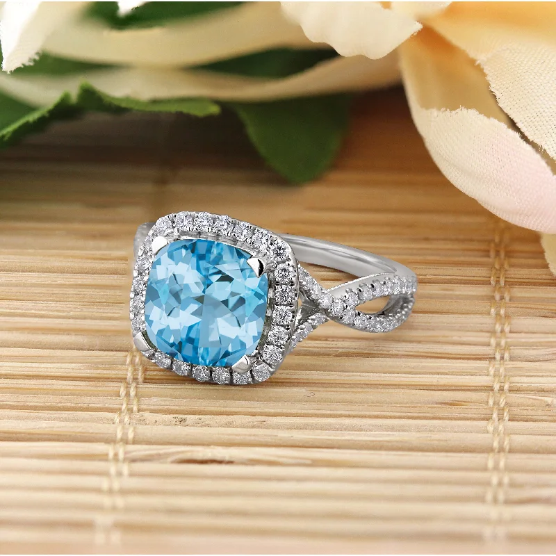 gold wedding ring for men -Auriya 3 1/8ct Cushion-cut Sky Blue Topaz and Halo Diamond Engagement Ring 1/2cttw 14k Gold