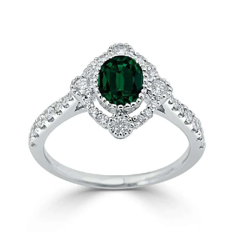 bohemian stackable rings -Auriya 3/4ct Oval-cut Emerald and Halo Diamond Engagement Ring 1/2ctw 18K Gold