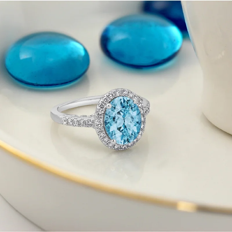 floral design diamond ring -Auriya 3ct Oval Sky Blue Topaz and Halo Diamond Engagement Ring 3/8ctw 14k Gold