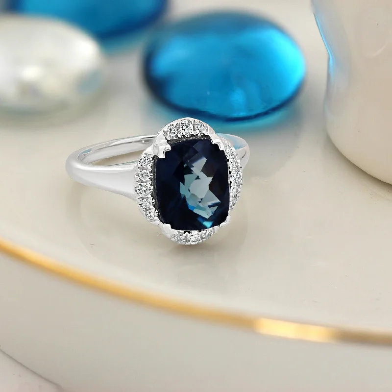 personalized date engraved ring -Auriya 4ct Cushion-cut London Blue Topaz Halo Diamond Engagement Ring 1/8ctw 14k Gold