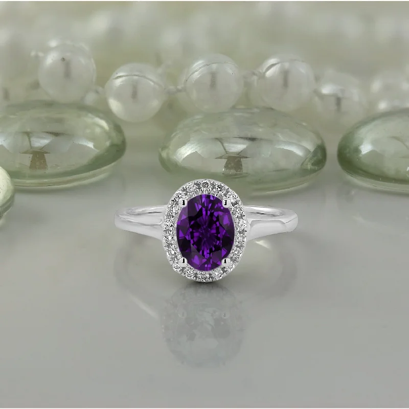 gemstone cocktail ring for women -Auriya Classic 5/8ct Oval Purple Amethyst and Halo Diamond Engagement Ring 1/8cttw 14k Gold