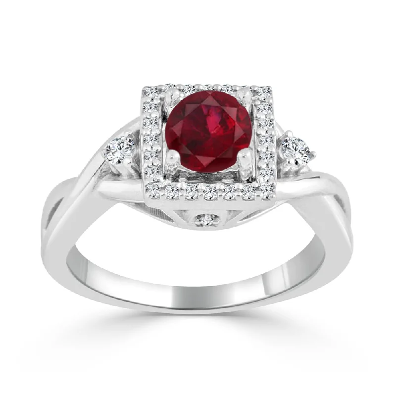 hammered silver wedding band -Auriya Modern 1/2ct Red Ruby 1/3ctw Halo Diamond Engagement Ring 14k Gold