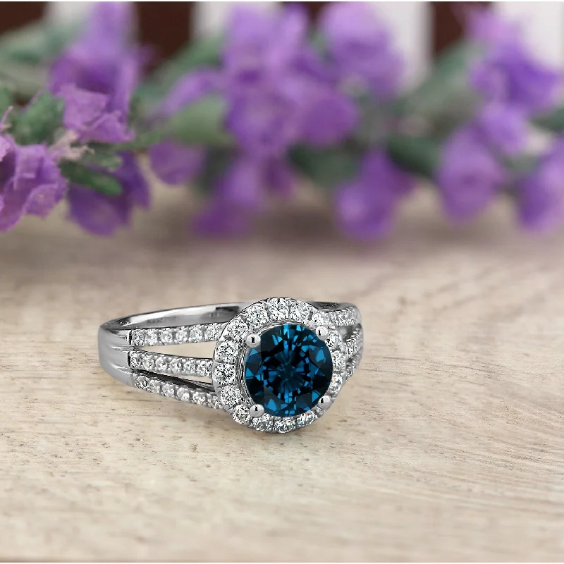 large statement gemstone ring -Auriya Modern 1 3/8ct London Blue Topaz and Halo Diamond Engagement Ring 1/2cttw 14k Gold