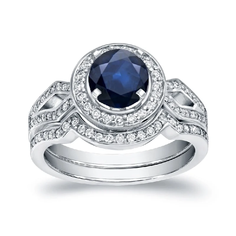 minimalist diamond band ring -Auriya Modern Round 1ct Sapphire and 2/5ct TDW Diamond Halo Engagement Ring Set 14k Gold