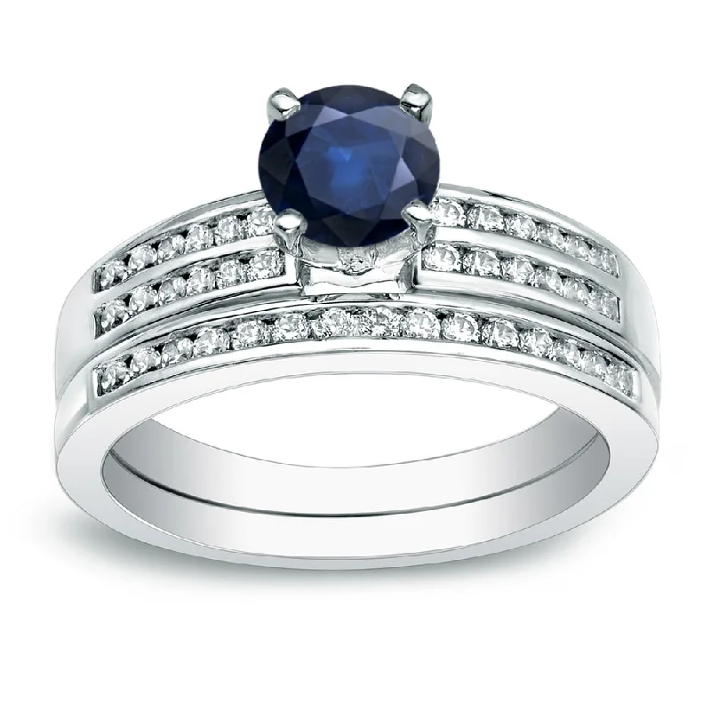 custom engraved couple’s ring -Auriya Platinum 3/5ct Round Blue Sapphire and 2/5ct TDW Diamond Engagement Ring Set