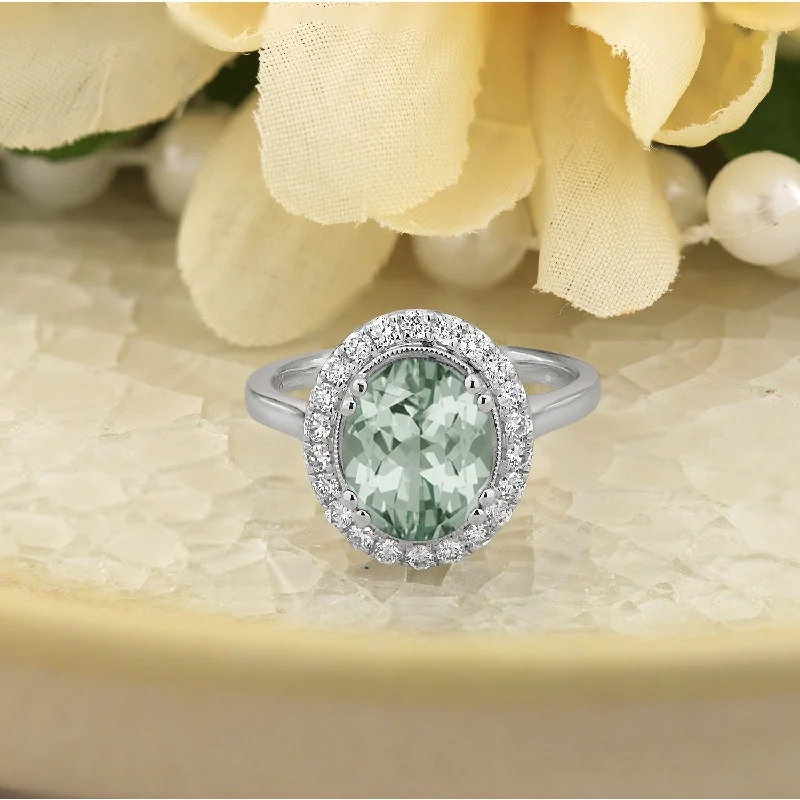 custom carved wood ring -Auriya Vintage 1 5/8ct Oval Green Amethyst and Halo Diamond Engagement Ring 1/3ctw 14k Gold