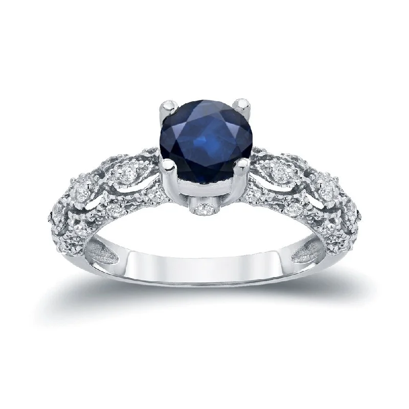 simple gold band ring -Auriya Vintage 1ct Blue Sapphire and 1/4ctw Diamond Engagement Ring 14k Gold