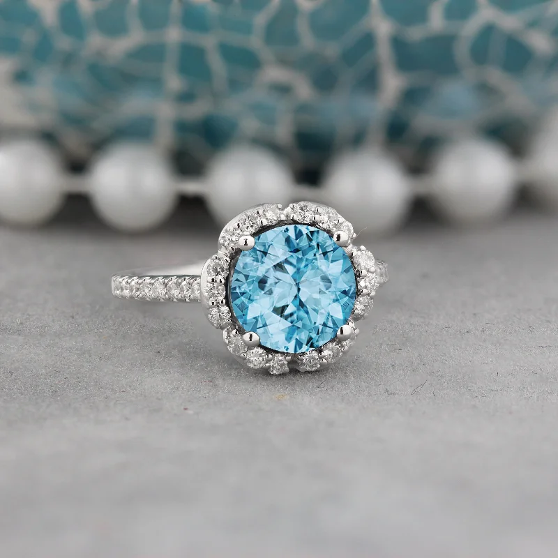 art deco style ring -Auriya Vintage 3 1/10ct Fancy Sky Blue Topaz and Halo Diamond Engagement Ring 3/8ct Fancy 14k Gold