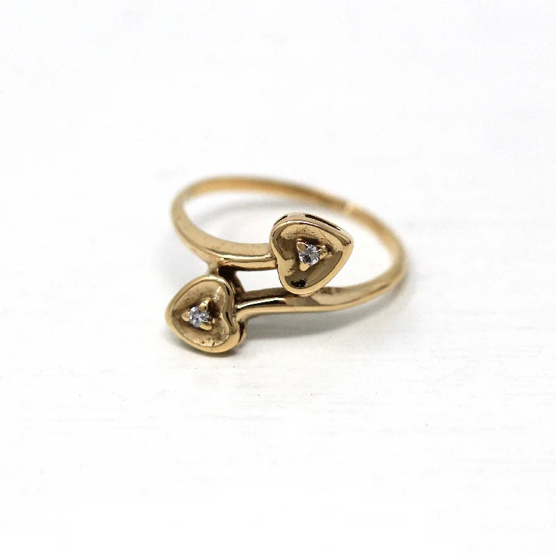 titanium promise ring -Sale - Double Heart Ring - Retro 10k Yellow Gold Genuine .014 CTW Diamonds Promise Anniversary - Vintage Circa 1960s Era Size 5 3/4 Jewelry