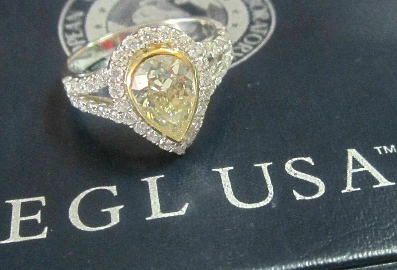 engraved family ring -EGL Certified 1.34 Ct Fancy Light Yellow Pear Cut Diamond Cocktail Ring 18k WG