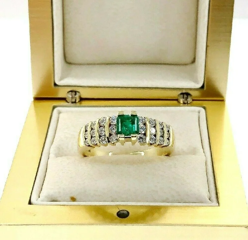 luxury diamond solitaire ring -Fine 0.85 Carats t.w. Diamond and Colombian Emerald Channel Set Ring 18K Gold