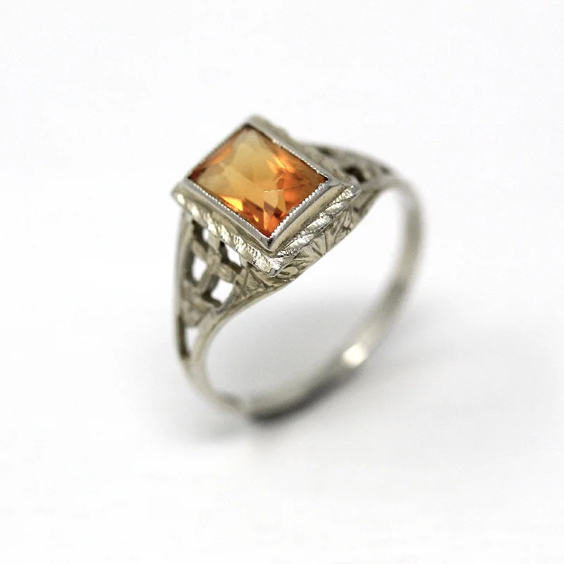 pearl and diamond ring -Genuine Citrine Ring - Art Deco 18k White Gold Filigree Rectangular Faceted 2.06 CT Gemstone - Vintage Circa 1930s Size 6 1/4 Fine Jewelry