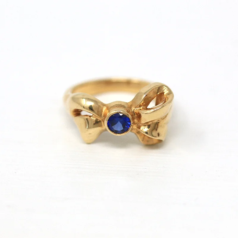 geometric silver ring -Sale - Gold Bow Ring - 14k Yellow Gold Round Faceted .19 CT Blue Gem - Modern Estate Ribbon Size 4 3/4 September Birthstone Fine Jewelry