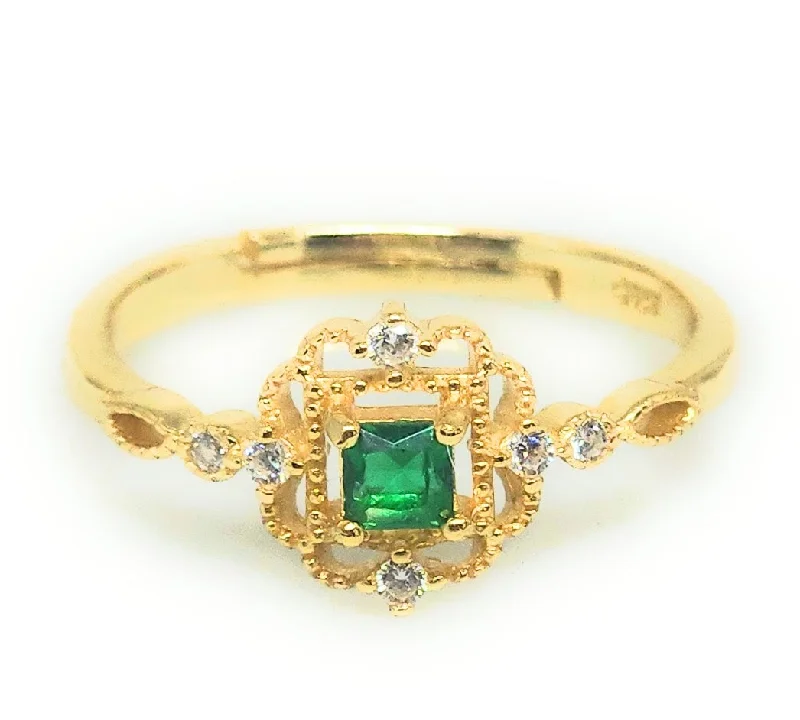 stacking rings with diamonds -Gold Plated (.925) SILVER Dainty GREEN CZ Adjustable Ring Anillo