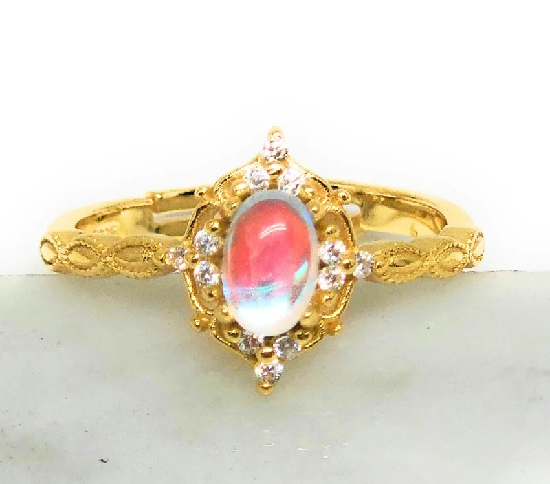 handmade gemstone ring -Gold Plated (.925) SILVER Dainty OPAL CZ Adjustable Ring Anillo