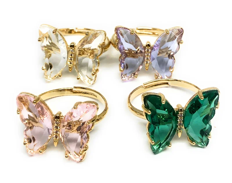 gemstone cluster ring -Gold Plated Adjustable Butterfly Crystal Ring Sizes 8-11 Multiple Colors Anillo