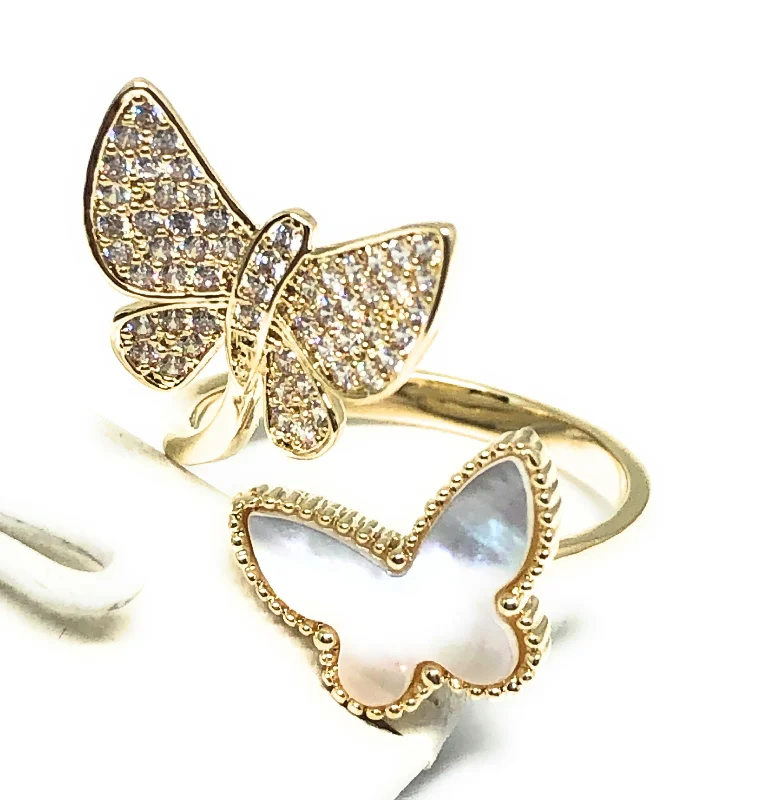 pear-shaped diamond ring -Gold Plated Adjustable Double Butterfly CZ Ring Sizes 6-12 Anillo