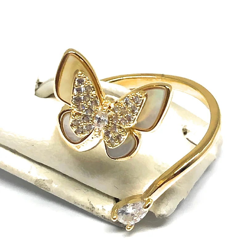 gemstone cocktail ring for women -Gold Plated Adjustable Double Butterfly CZ Ring Sizes 6-12 Anillo