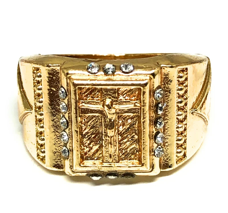 titanium promise ring -Gold Plated Classic Yellow Jesus Cross Crucifix CZ Ring Anillo