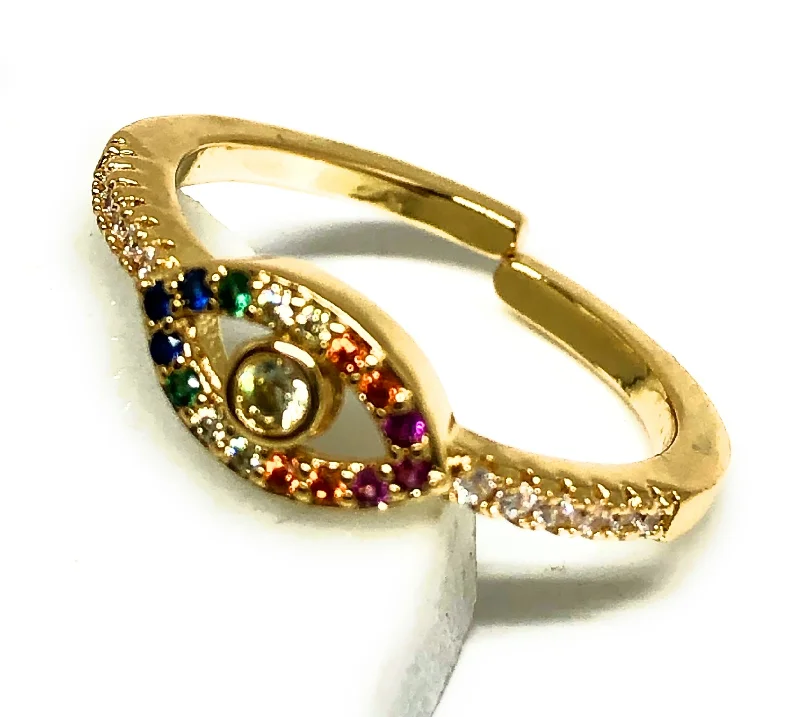 twisted rope ring for men -Gold Plated Colorful multi-color Stone Evil Eye Adjustable Ring Anillo