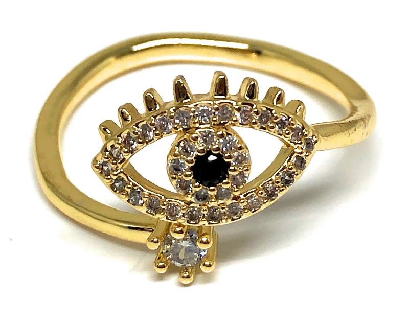 vintage sapphire ring -Gold Plated CZ Evil Eye Adjustable Ring Anillo