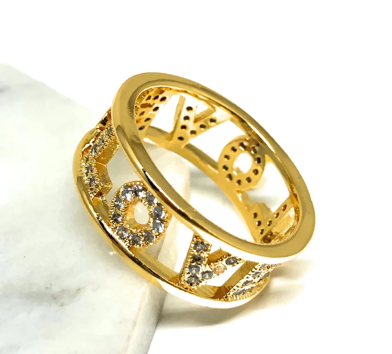 adjustable crystal quartz ring -Gold Plated CZ LOVE Ring Anillo AMOR