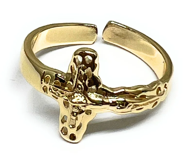 men’s engraved wedding band -Gold Plated Jesus Crucifix Cross Ring Anillo Adjustable