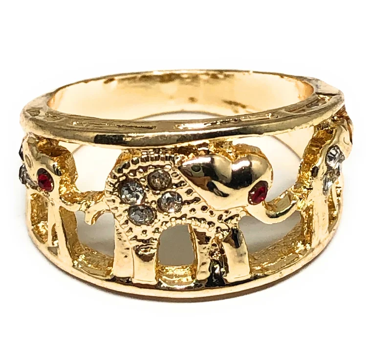 men’s leather band ring -Gold Plated Lucky Elephant Ring with Red Stones Anillo