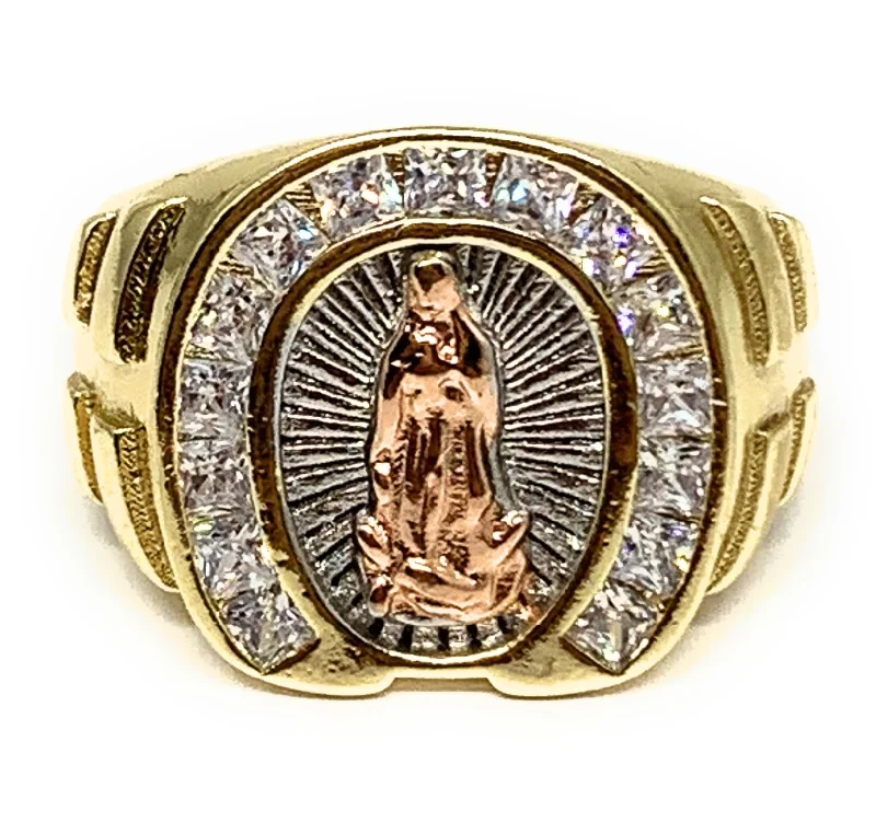 vintage gold signet ring -Gold Plated Men's Tri-Color Virgin Mary Horseshoe CZ Ring Virgen De Guadalupe Anillo