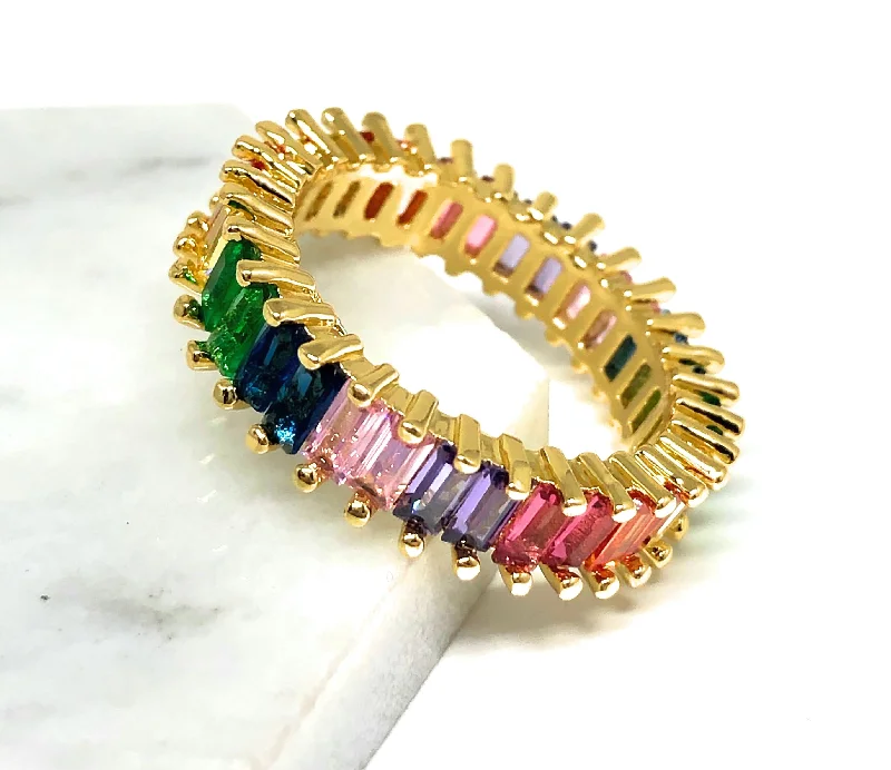 engraved couple matching rings -Gold Plated Multi-Color Vibrant Rainbow Baguette Ring Anillo