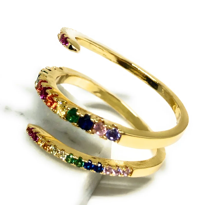 delicate dainty ring for women -Gold Plated Multi-Color Vibrant Stones Curl Ring Anillo