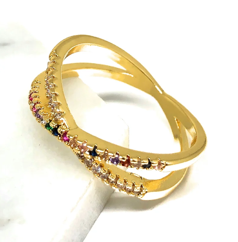 three-row diamond ring -Gold Plated Multi-Color Vibrant Stones X Ring Anillo