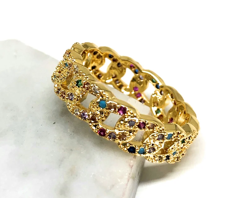 floral design diamond ring -Gold Plated Rainbow Colorful Stone Cuban Link Style Ring Anillo