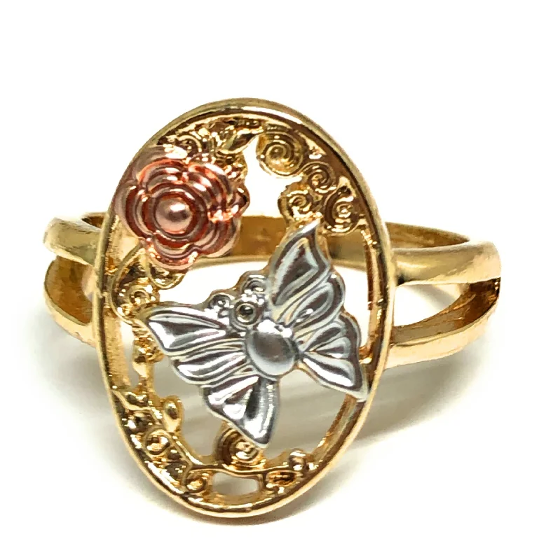 infinity symbol ring for couples -Gold Plated Tri-Color Butterfly Flower Ring Anillo