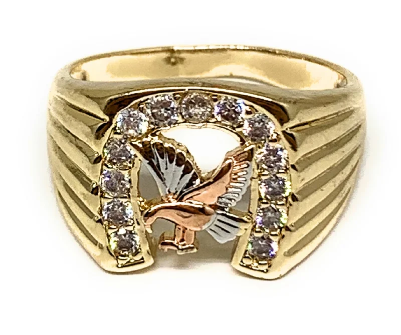 gemstone cluster ring -Gold Plated Tri-Color Eagle Horseshoe CZ Ring Anillo