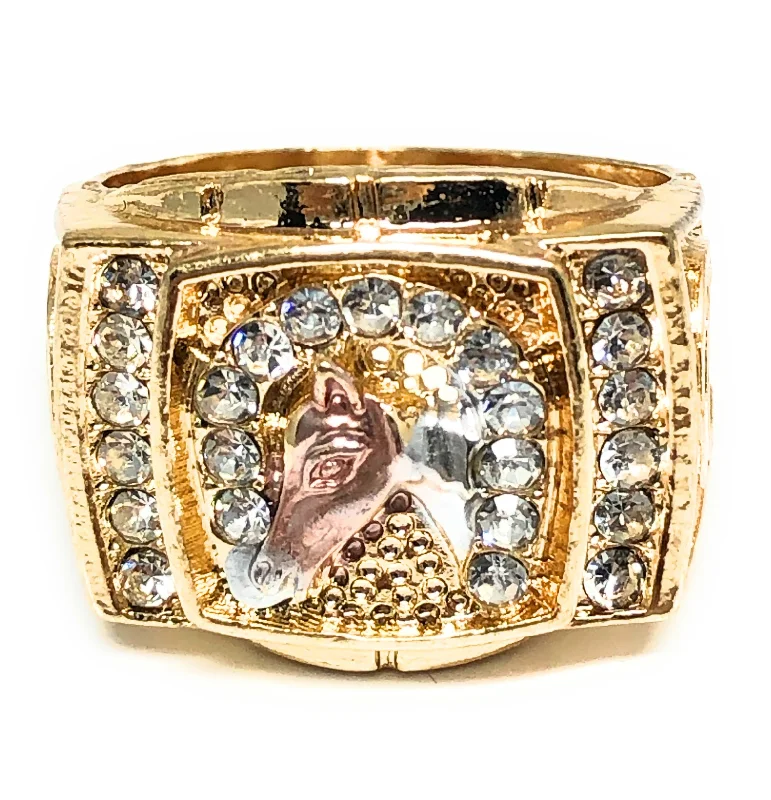 art deco style ring -Gold Plated Tri-Color Horse & Horseshoe CZ Ring Anillo