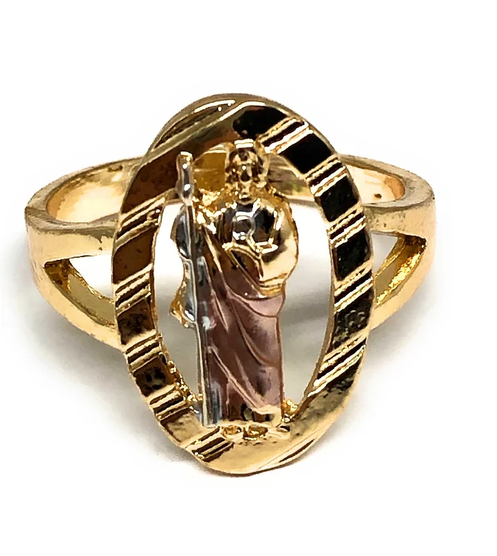 vintage style wedding ring -Gold Plated Tri-Color San Judas Saint Jude Ring Anillo