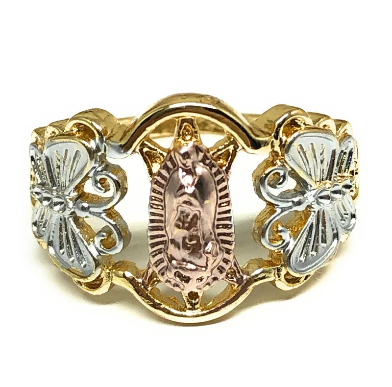 dainty rose gold ring -Gold Plated Tri-Color Virgin Mary Butterfly Ring Virgen Guadalupe Anillo