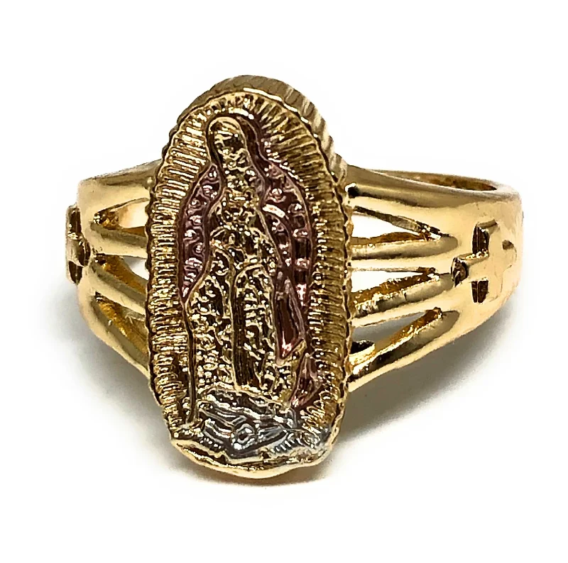 custom engraved couple’s ring -Gold Plated Tri-Color Virgin Mary Classic Ring Virgen Guadalupe Anillo