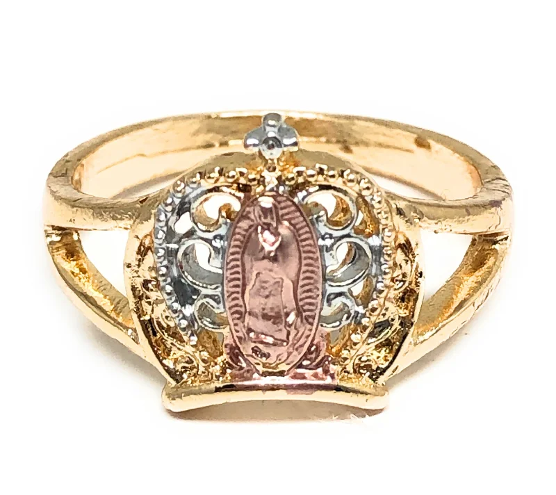 custom engraved wedding band -Gold Plated Tri-Color Virgin Mary Crown Ring Virgen Guadalupe Anillo