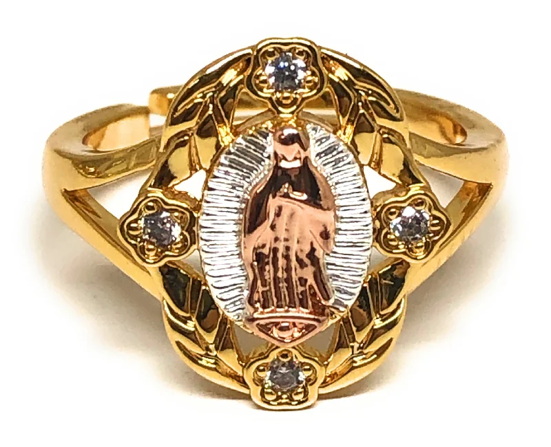 geometric silver ring -Gold Plated Tri-Color Virgin Mary CZ  Ring Virgen Guadalupe Anillo Adjustable Sizes (5-12)