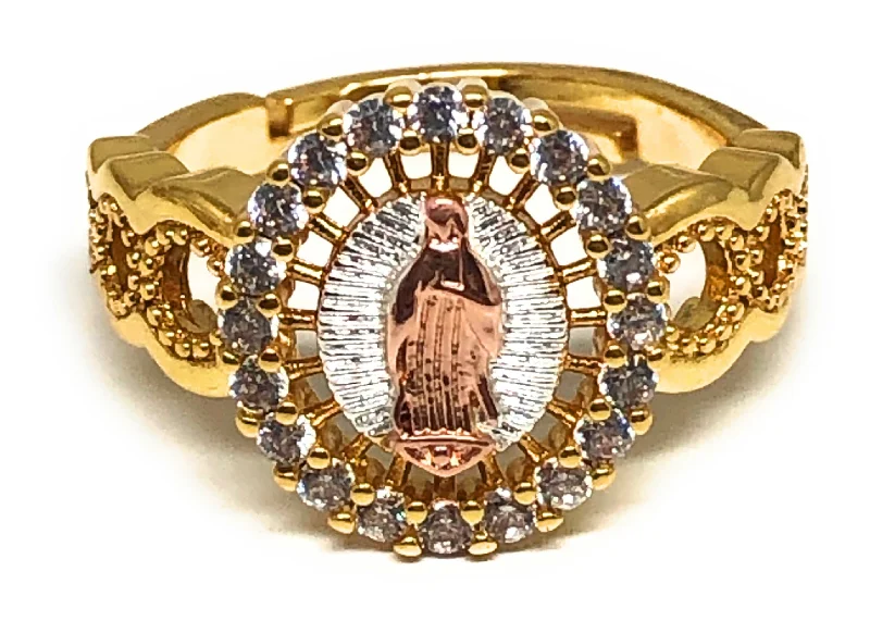 yellow gold eternity ring -Gold Plated Tri-Color Virgin Mary CZ  Ring Virgen Guadalupe Anillo Adjustable Sizes (5-12)